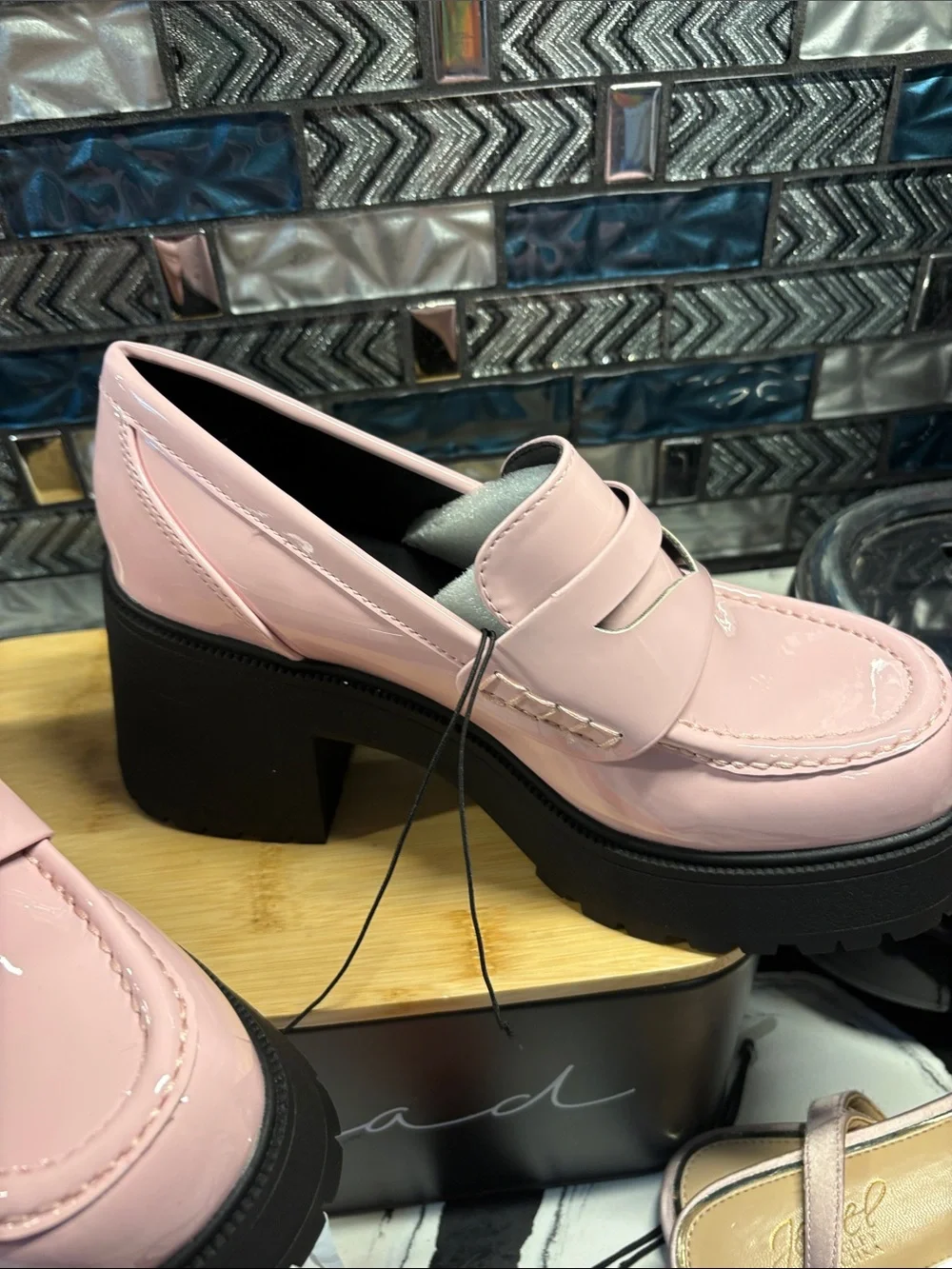 Soda Pink Patent Platform Loafers with Black Lug Sole